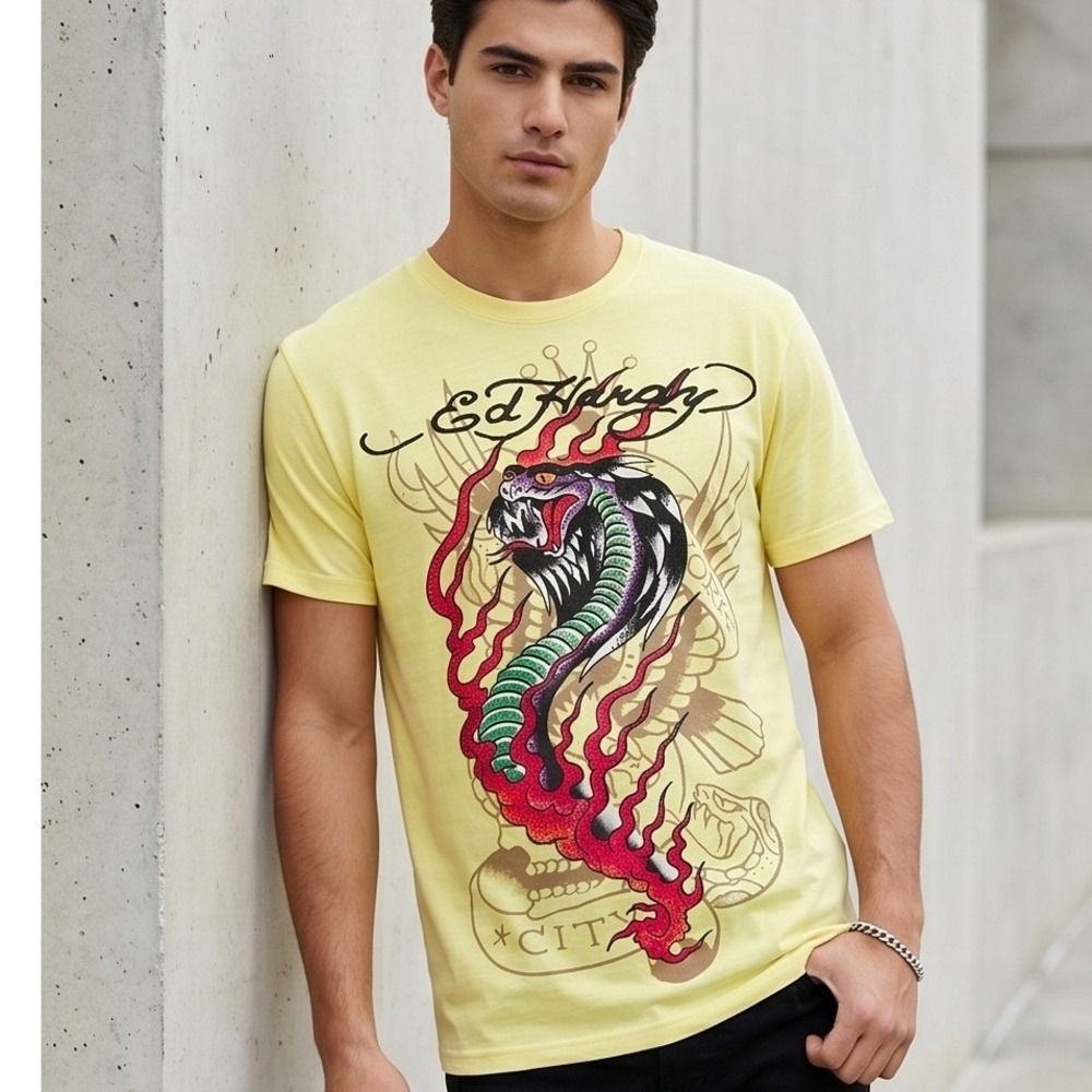 Ed Hardy Mens XL King Cobra Graphic T-Shirt Lemon Yellow Beaded Tattoo Snake NWT